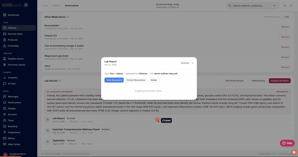 Screen recording of a patient lab report opening in the clinic portal, showing the AI holistic lab insight above the list of reports.