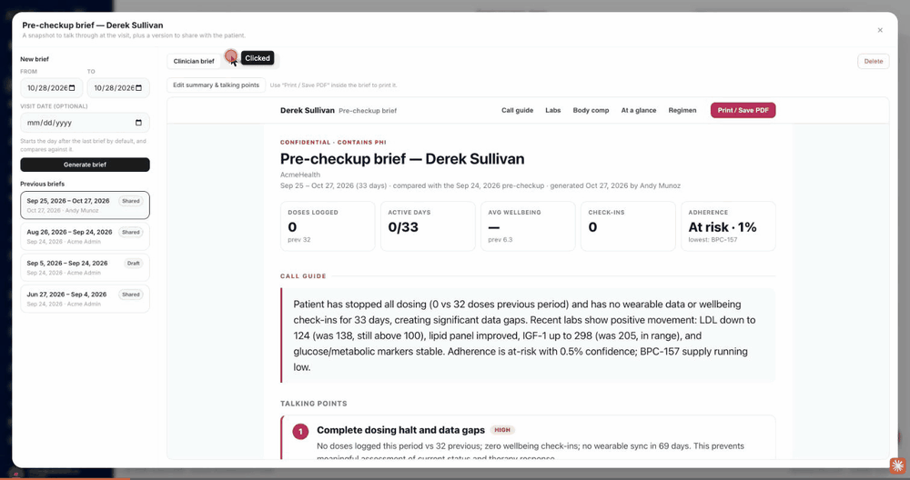 Screen recording of the pre-checkup brief in the clinic portal, with the call guide, talking points and a list of previous briefs.