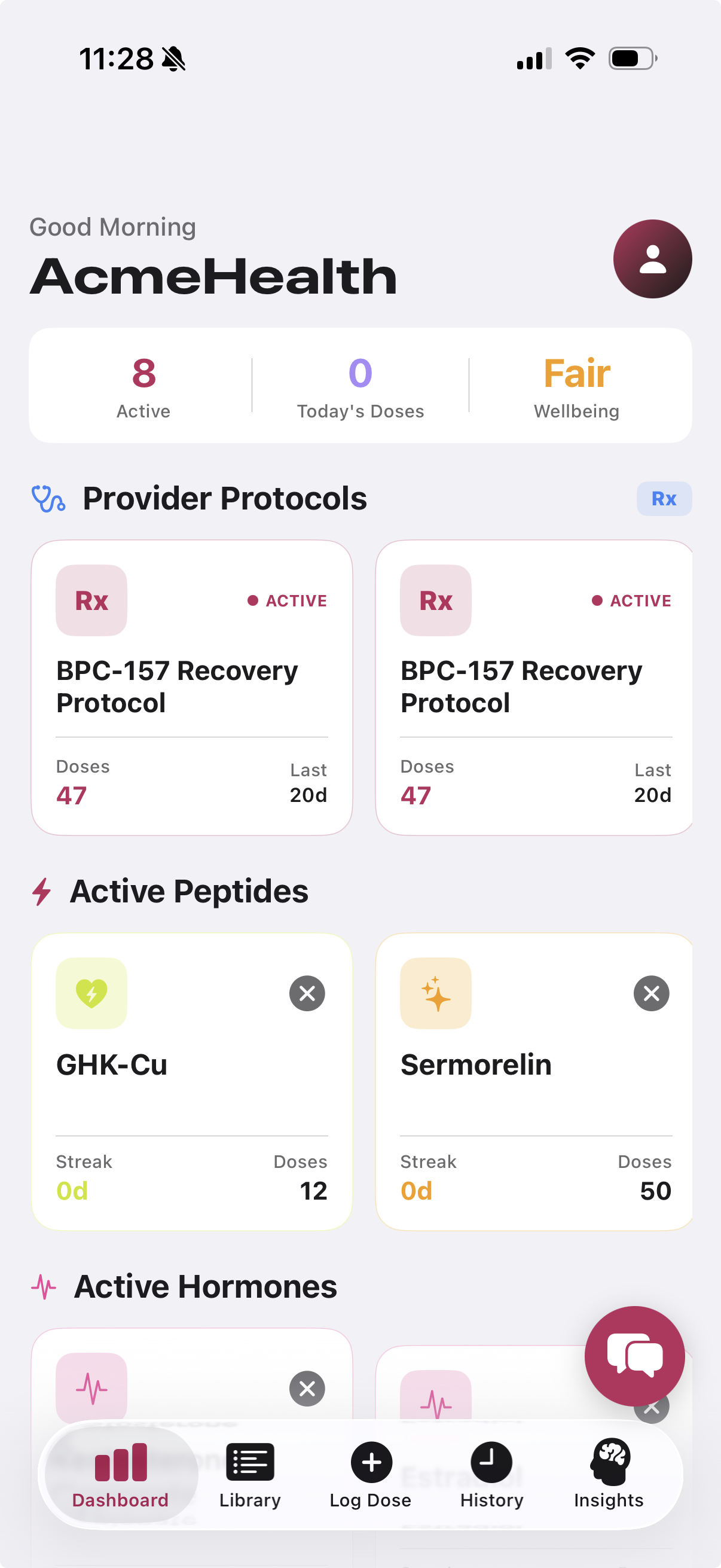 OptyPeptides patient app showing active peptide protocols, doses, and streaks