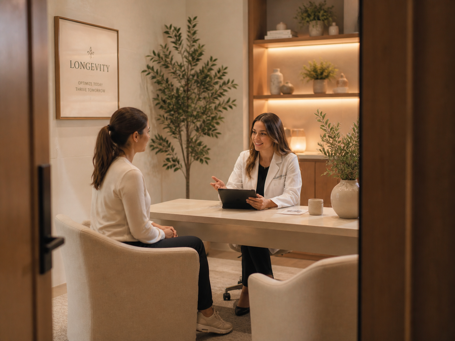 Practitioner reviewing patient peptide protocol results in a wellness clinic